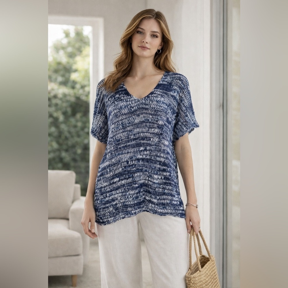Eileen Fisher Open Knit Blue White Short Sleeve Top Size L Cotton Blend - Picture 15 of 15